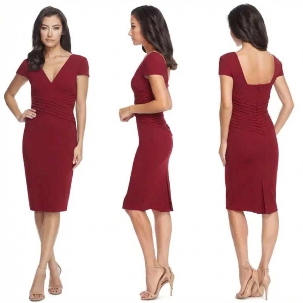 Dress The Population NWOT Dolores Pleated Waist Sheath Dress in Red Size Small